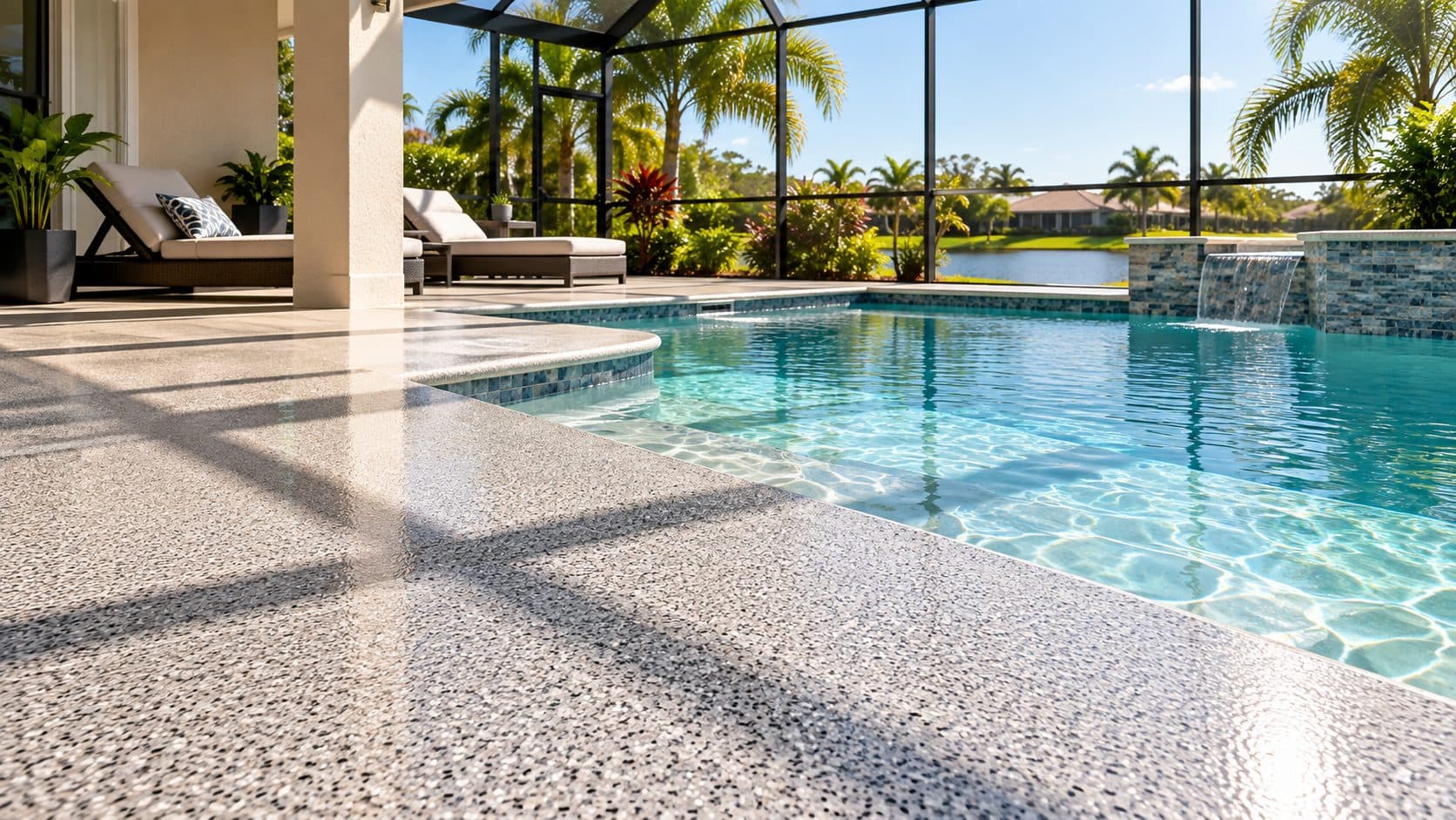 Pool deck with waterfall