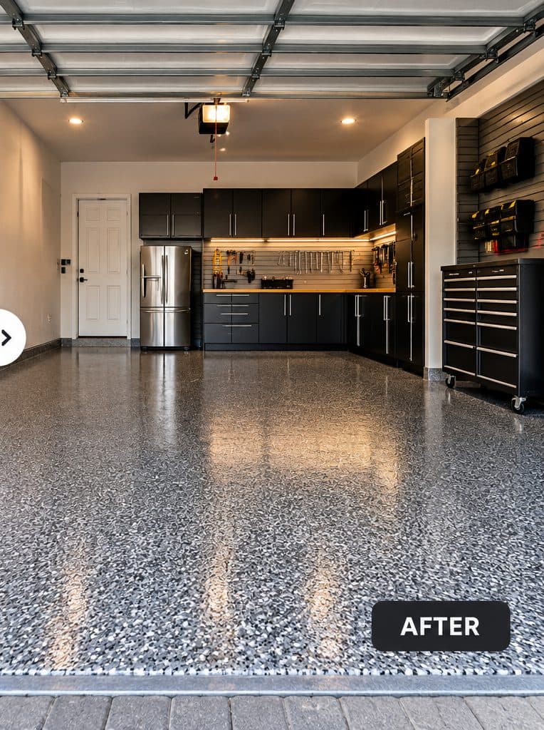 Same garage after Titan coating: glossy gray flake floor