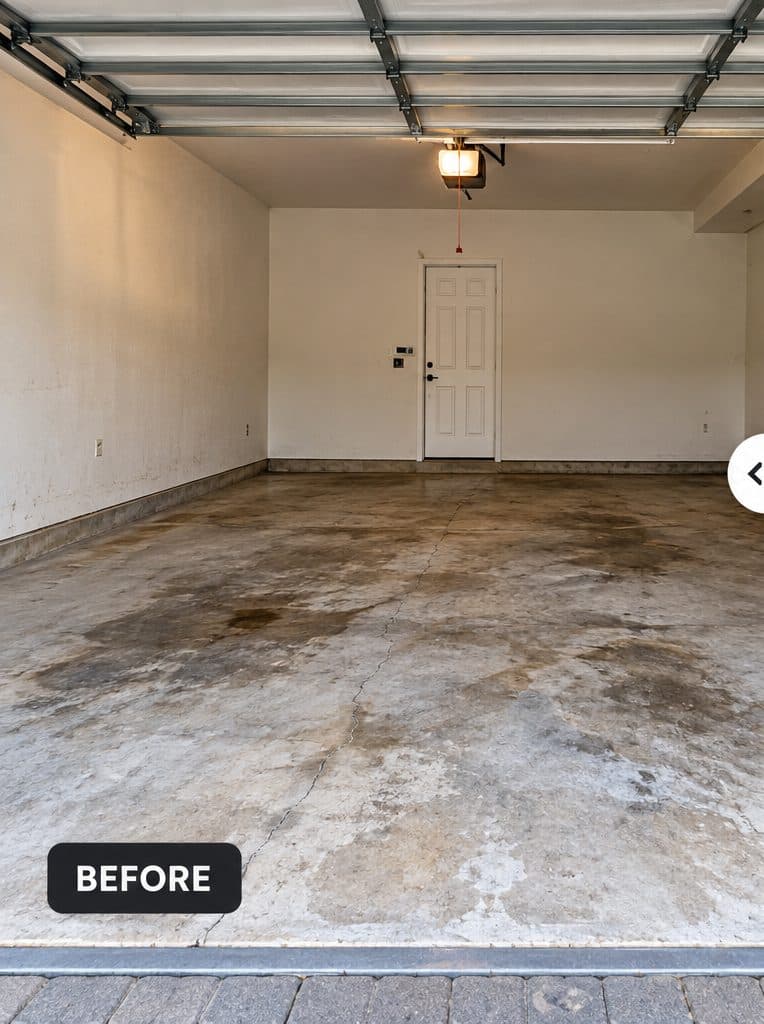 Garage floor before coating: stained, cracked bare concrete