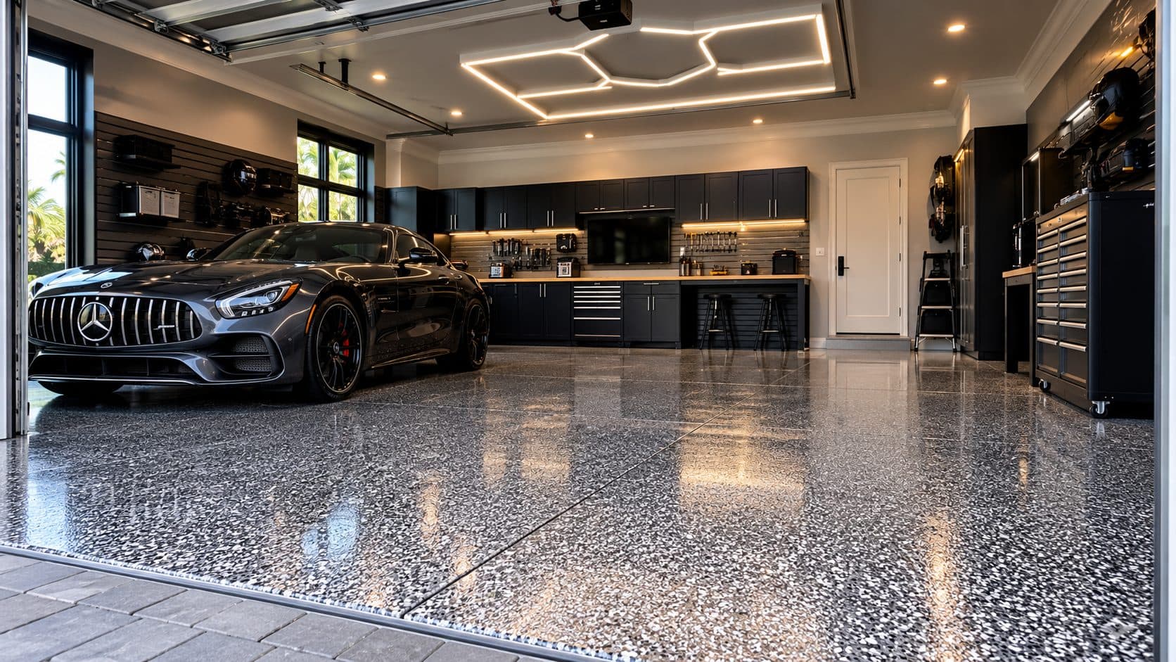 Finished Titan garage floor with high-gloss flake coating